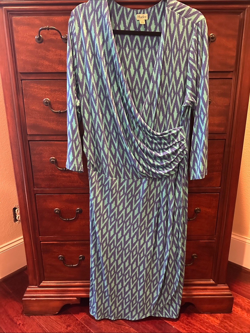 Hatley Teal and Blue Geometric Wrap-Style Long Sleeve Dress
